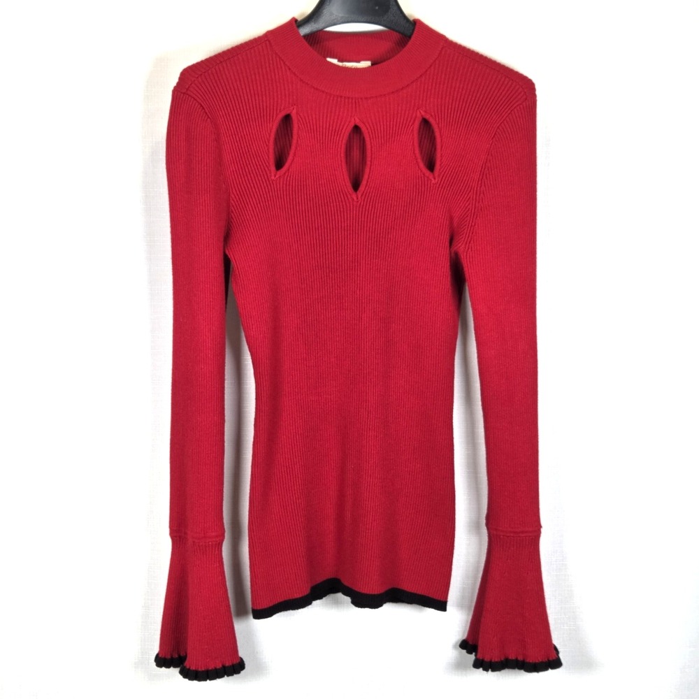 Candies Red Ribbed Sweater Women's Small Y2K Bell Sleeve Juniors Chest Cut Outs